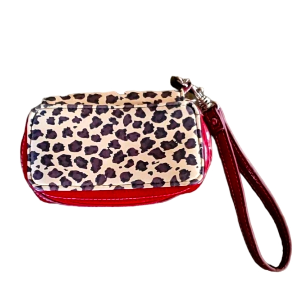 LIZ CLAIBORNE Wristlet Coin Purse Animal Print Cranberry Faux Leather Trim